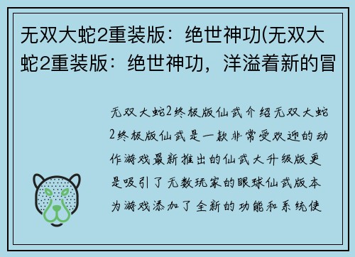 无双大蛇2重装版：绝世神功(无双大蛇2重装版：绝世神功，洋溢着新的冒险之旅)